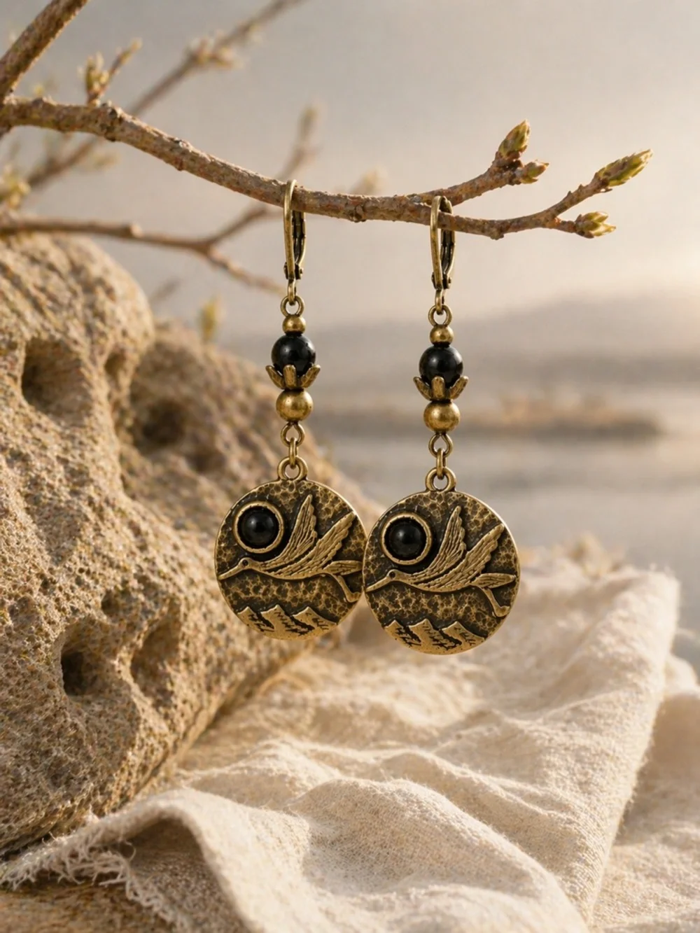 Antique Bronze Bird Earrings Black Stone Dangle Boho Lightweight - Picture 7 of 9